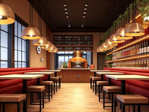 Rendering 3D dell'interno di una pizzeria.